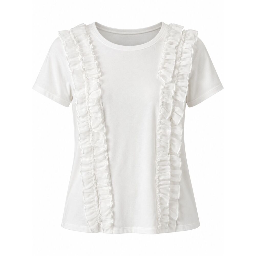 Cyrus White Ruffle Trim Short Sleeve Top M Rayon Stretch Romantic Coquette